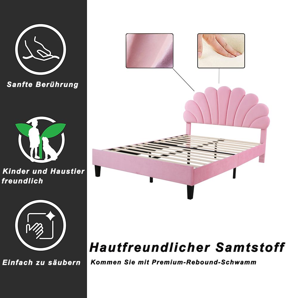 Flieks Polsterbett 140x200cm Samt mit Blumenform-Kopfteil und Lattenrost Doppelbett Kinderbett für Damen Kinder Jugend