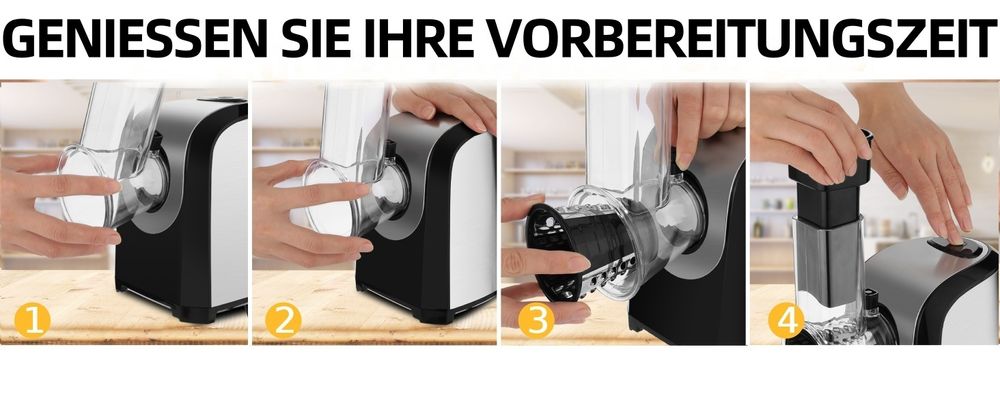 5 in 1 Elektrischer Gemüseschneider, Automatisch Gemüsehobel mit 5 Kegel-Klingen, 150W Edelstahl Spiralschneider Zerkleinerer Salatschneider Schleifer