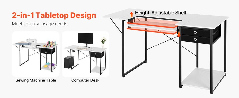 VEVOR Nähtisch Nähmaschinentisch mit klappbarer Tischplatte & verstellbarer Ablage & Stahlbeinen & Schublade, Mehrzwecktisch Computertisch für Zuhause Modestudio Kunststudio Bildungseinrichtung