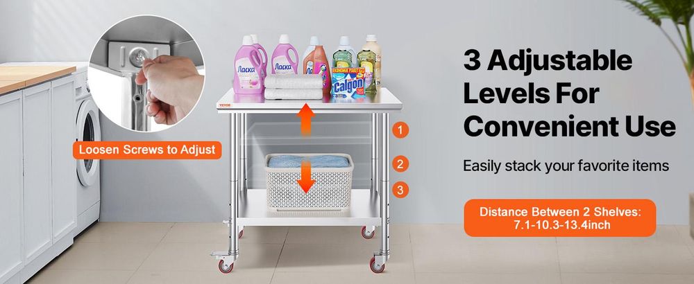 VEVOR Edelstahl Arbeitstisch 30 x 18 x 34 Zoll, 700 LBS Tragfähigkeit mit 4 Rädern, 3 verstellbare Höhenstufen, robuster Lebensmittelvorbereitungstisch für gewerbliche Küchenrestaurants, Silber, 900x600x850 mm