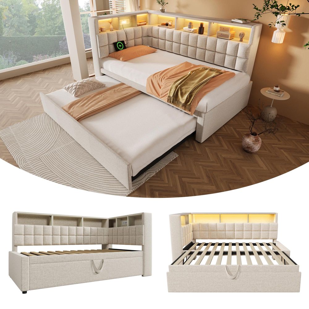 Flieks Schlafsofa 90x200cm mit Unterbett 90x190cm, Polsterbett Jugendbett mit Led und Bluetooth-Lautsprecher, Tagesbett mit Usb, Leinen, Beige