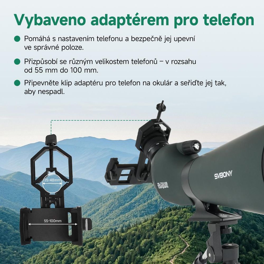 Svbony SV28 pozorovací dalekohled teleskop,25-75x100mm,monokular s HD BAK4 Porro hranolem FMC, Vhodný pro pozorování ptáků,střelbu a pozorování Měsíce