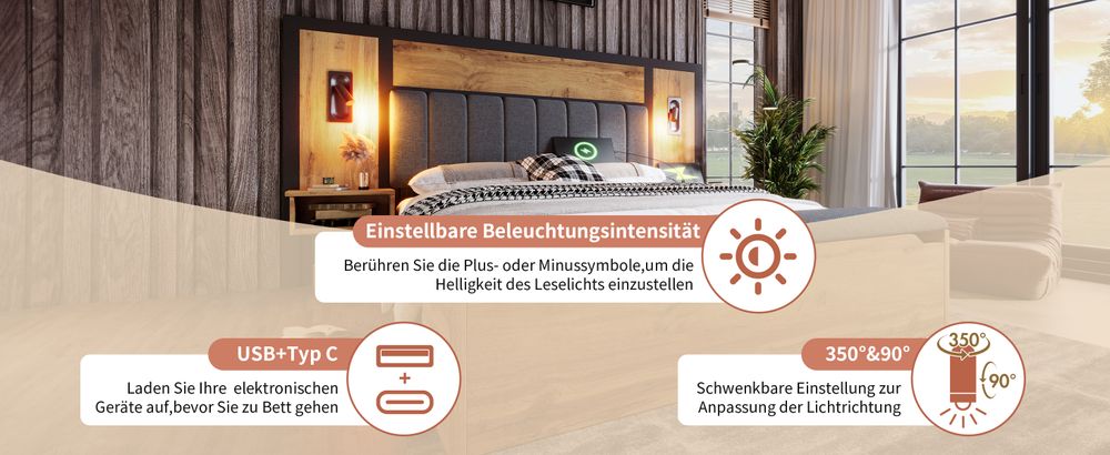 MODFU Doppelbett Holzbett 180×200cm mit Gepolstertes Kopfteil, Bettanlage mit Leselampe und USB C Nachttisch und Sitzbank mit Stauraum, Bettgestell mit Lattenrost, Eiche(Ohne Matratze)