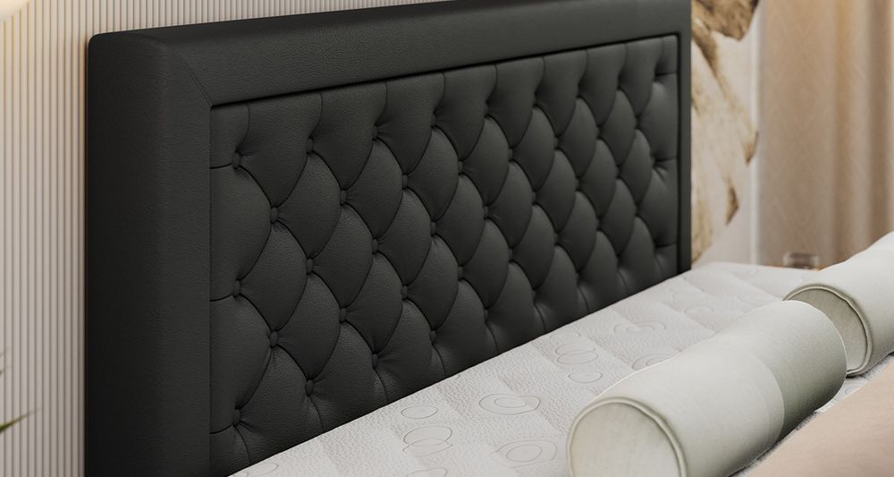 Vergrößern Sie das Kopfteil des Boxspringbettes, das Foto zeigt schwarz Stoff