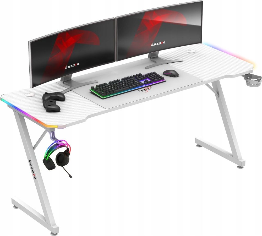 Huzaro Hero 4.8 RGB | LED Gaming PC Tisch Schreibtisch | Inklusive Mauspad | Kopfhörerhaken Getränkehalter | Kabelorganisator | 160x60cm | Weiß