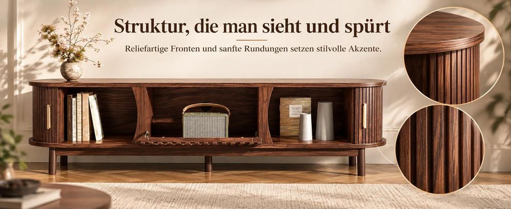 okwish TV-Schrank mit Schiebetür und nach unten klappbarer Hohlschranktür,Lowboard mit Stützbeinen,Fernsehschrank passend für TV-Ständer bis zu 65 Zoll,braune