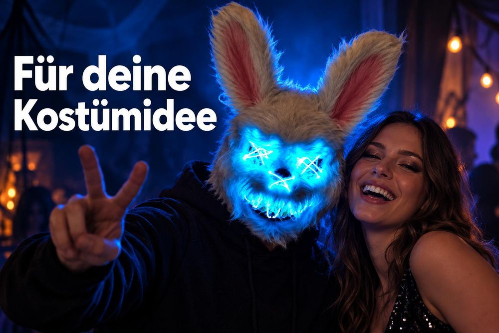 Leuchtende Hasenmaske als Teil einer Verkleidung an einem Fotoplatz