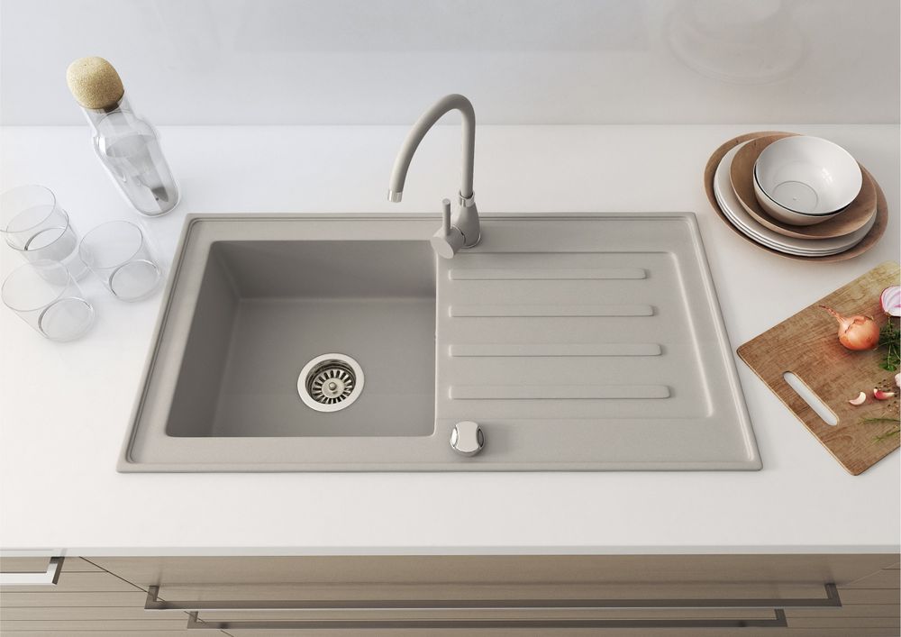 [Granitspüle 76x44 in verschiedenen Farben+ Armatur Steel] Hochwertig beidseitig Montierbar Küchenspüle Eckig Einbaugranitspüle Granit Spülbecken f. Unterschränke ab 45 cm inkl.Siphon Set, Farben:Grau Granit mit Armatur