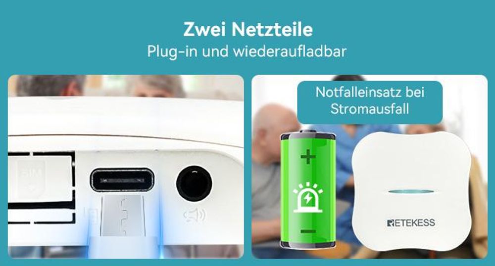 Retekess TH011-TH013 WiFi Notrufknopf für Senioren Auf Handy, Alarmknopf für Senioren, Wiederaufladbarer Akku, für ältere Patienten