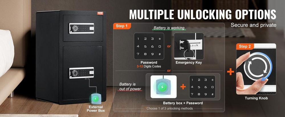 VEVOR Doppeltüren 7,2 cu.ft Safe Box mit Schlüsselverschluss & Passwort, Safe Lock Box mit feuerfestem Beutel, Schlüsselablage, LED-Licht und 2 höhenverstellbaren und abnehmbaren Trennwänden für Geld, Dokumente, Schmuck und Wertsachen, Schwarz, 127L