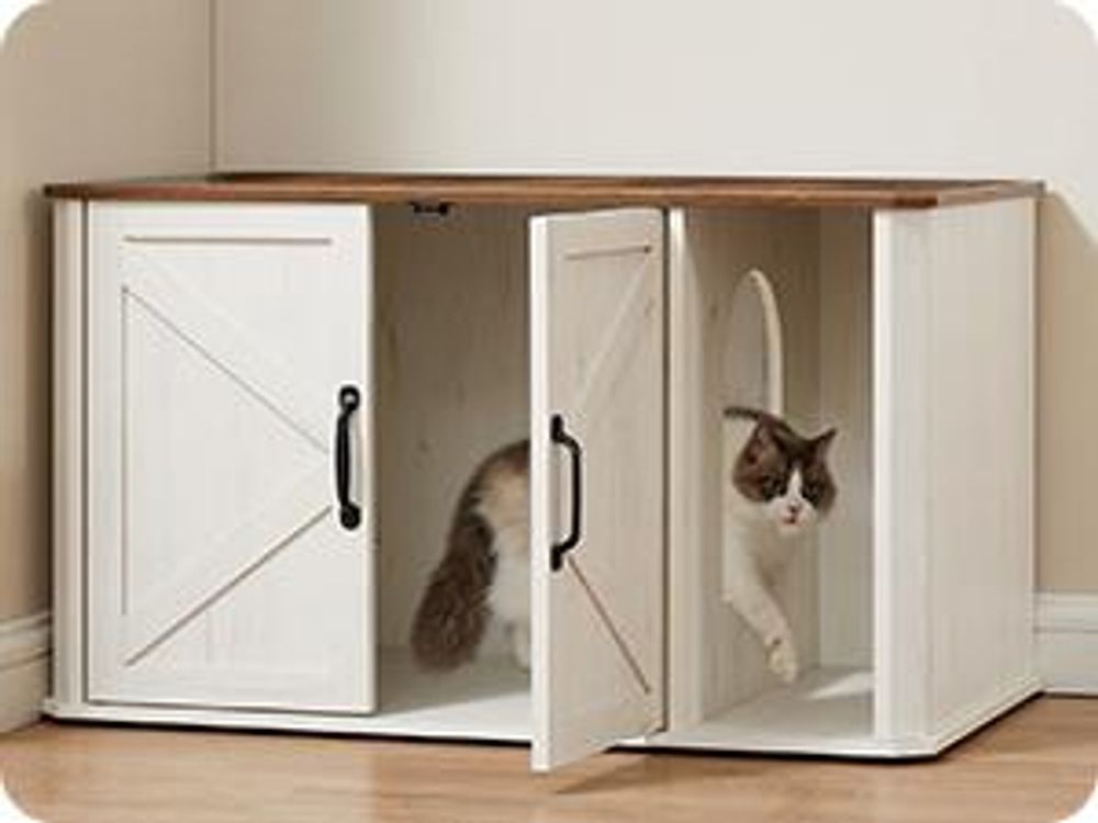 Feandrea Katzentoilette, Katzenklo-Schrank modern, Vordereingang, mit Doppeltür und Griffen Honigbraun-Vintageweiß