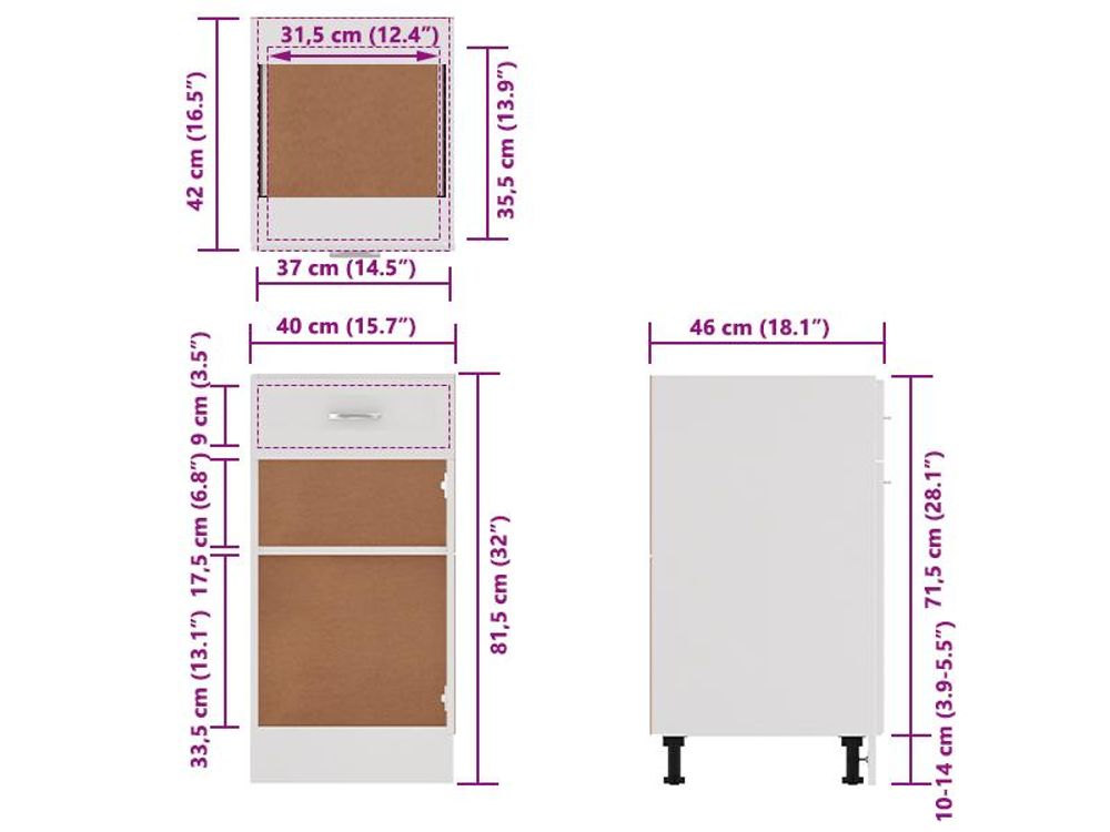 Cassettiera bianca 40x46x81,5 cm in materiale ligneo