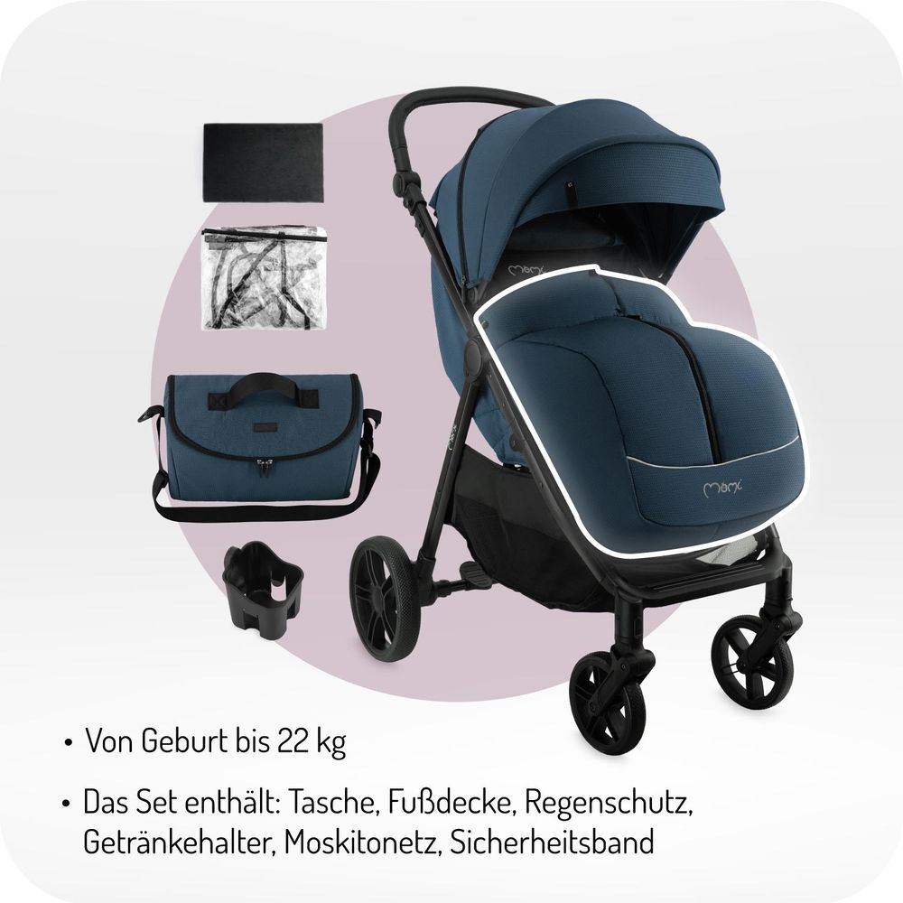 MoMi CLARA – Buggy ab Geburt, bis 22 kg, mit 4-Rad-Federung, Drehbügel & verstellbarem Schiebegriff, inkl. Tasche & Regenschutz – Blau