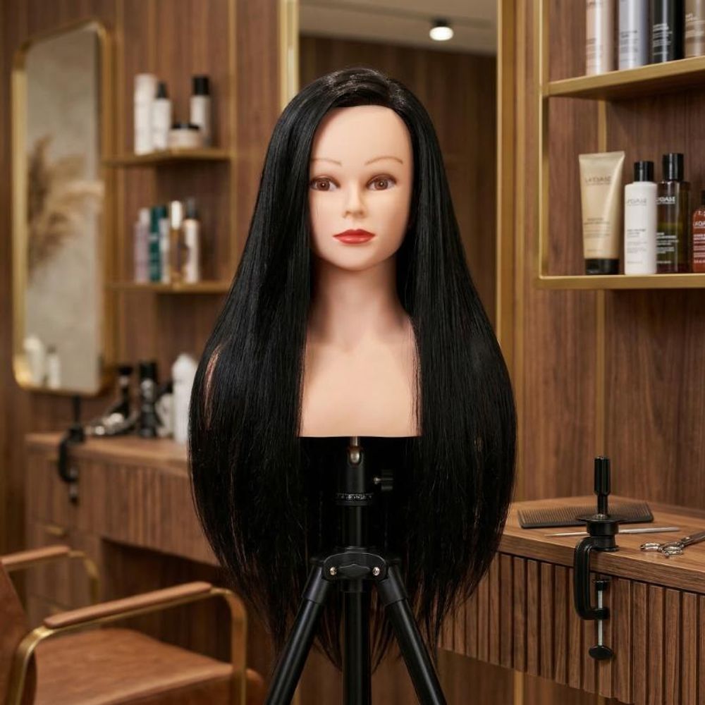 Główka treningowa Iza 60 cm black, włos termiczny+ uchwyt, fryzjerska do czesania, głowa do ćwiczeń
