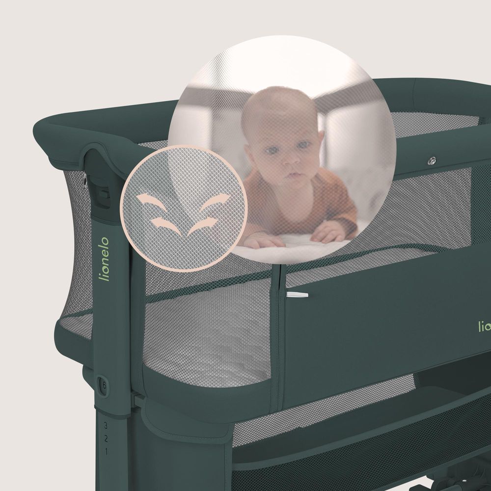 Lionelo Jodie 3in1 Baby Beistellbett Wiege Babybett Höhenverstellbar Matratze Moskitonetz - Grün