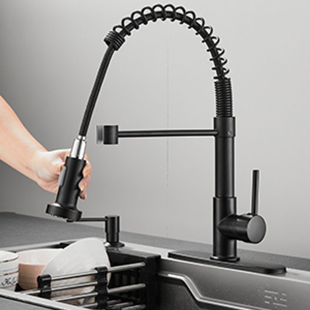 STANEW Wasserhahn Küche, Hochdruck Küchenarmatur Ausziehbar, Spültischarmatur mit Brause, 360°Schwenkbar Zwei Sprühfunktionen,Querstange für Geschirrtücher, Schwarz