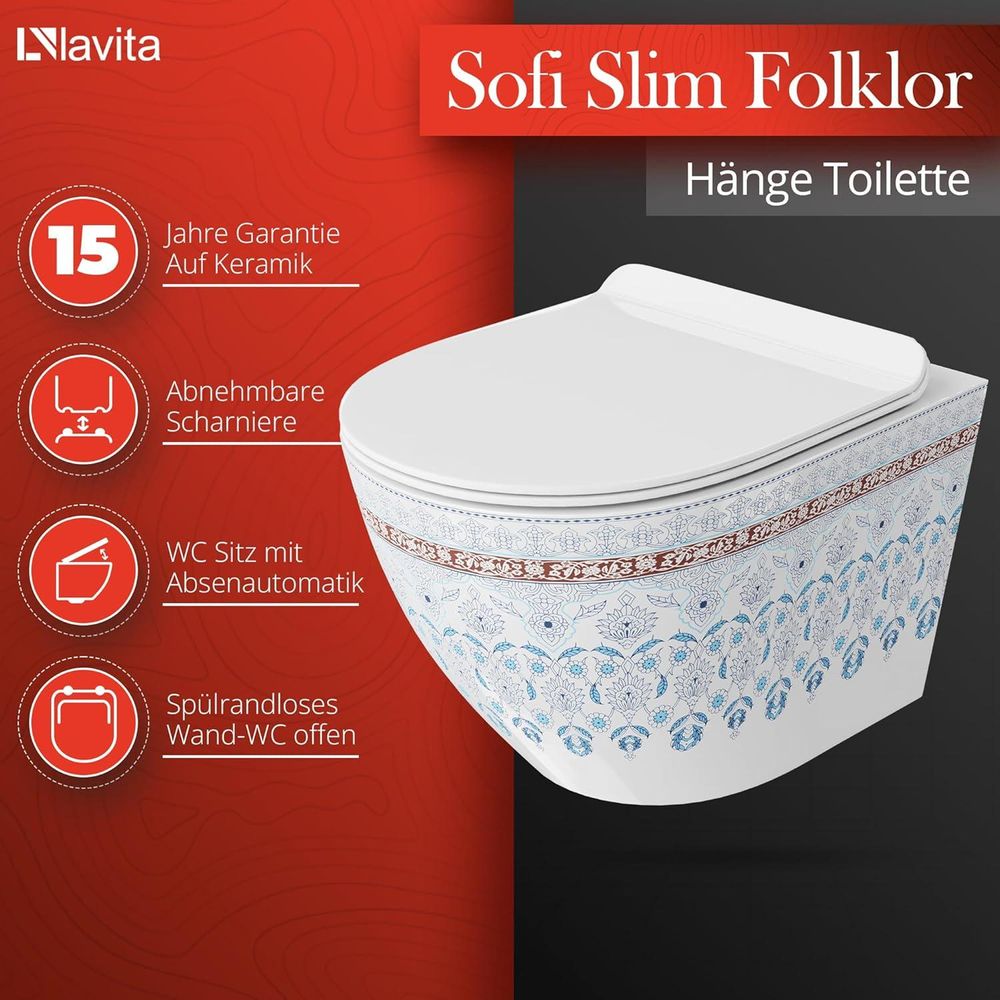 LAVITA Wand-WC Sofi Slim Folklor | HŠnge Toilette | Toilettendeckel mit Absenkautomatik & Metallscharniere | Toiletten SpŸlrandlos HŠngend | Toilettenbecken | 365x490x395 cm | Wei§/Blue