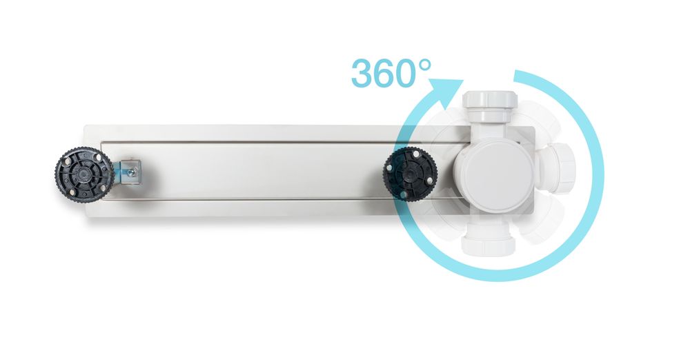 Lineare Duschrinne mit seitlichem 360°-Siphon und verstellbarer Abflussrichtung