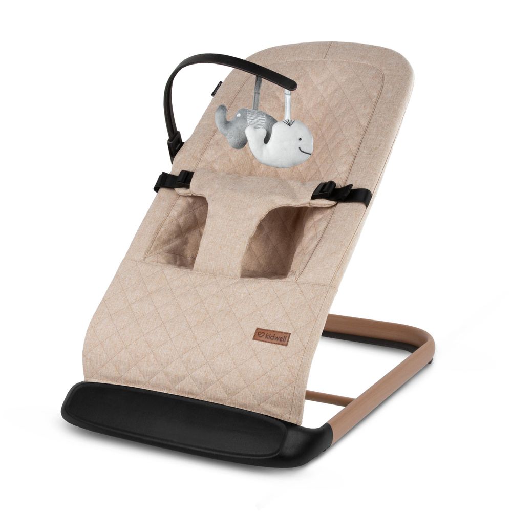 Kidwell LARO Babywippe – Ergonomische Babyschaukel mit 3-Punkt-Gurt, 3-fach verstellbarer Rückenlehne, Spielbogen & faltbar (Beige/Wooden)