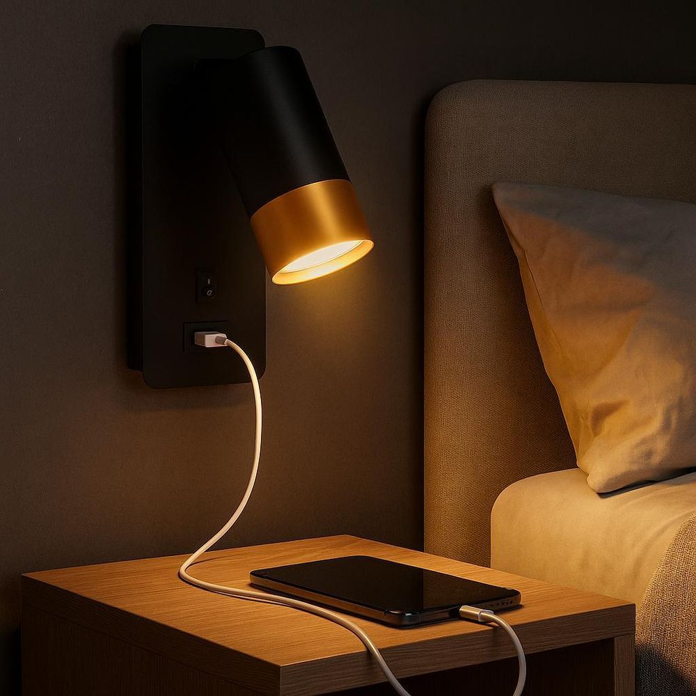 **Schwarze Wandleuchte mit USB-Anschluss und goldenem Spot neben dem Bett**