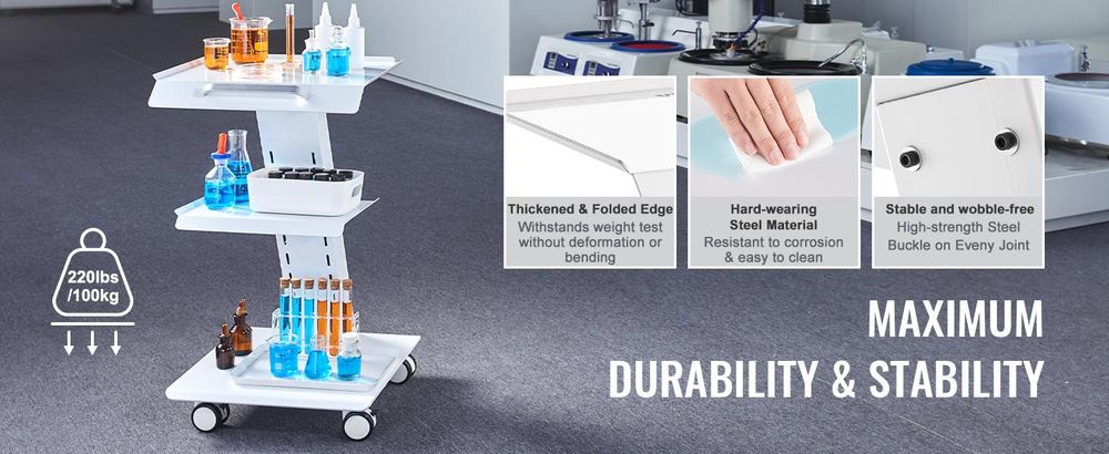 VEVOR Edelstahlwagen, 3-lagiger Labor-Nutzwagen mit 181,4 kg Tragfähigkeit, medizinischer Wagen mit abschließbaren Universalrädern, für Labor, Klinik, Küche, Salon, 3 Schichten-a, Weiß