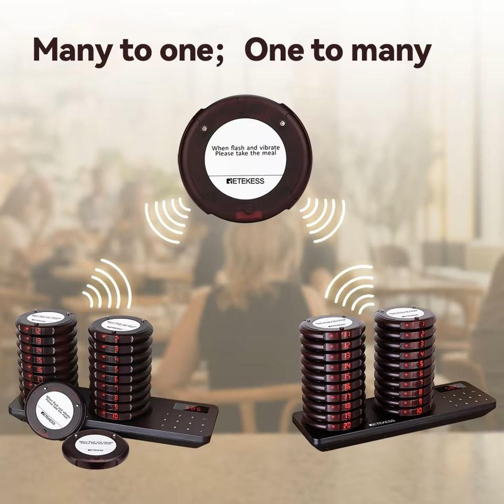 Retekess TD163 Bezdrátový vyvolávací systém, 400M restaurace pager, nabíječka z nerezové oceli, 31 režimů volání, 20 tácky, 20H pohotovostní režim, pager pro nemocnici, restaurace, občerstvení, bar (1 vysílač + 20 pager)