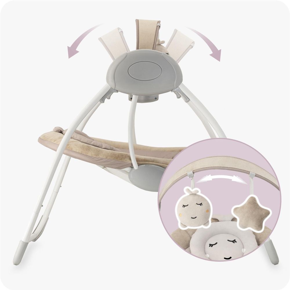MoMi LISS – Elektrische Babywippe klappbar mit Timer, 5 Geschwindigkeiten, 6 Melodien & verstellbarem Spielbogen - Beige