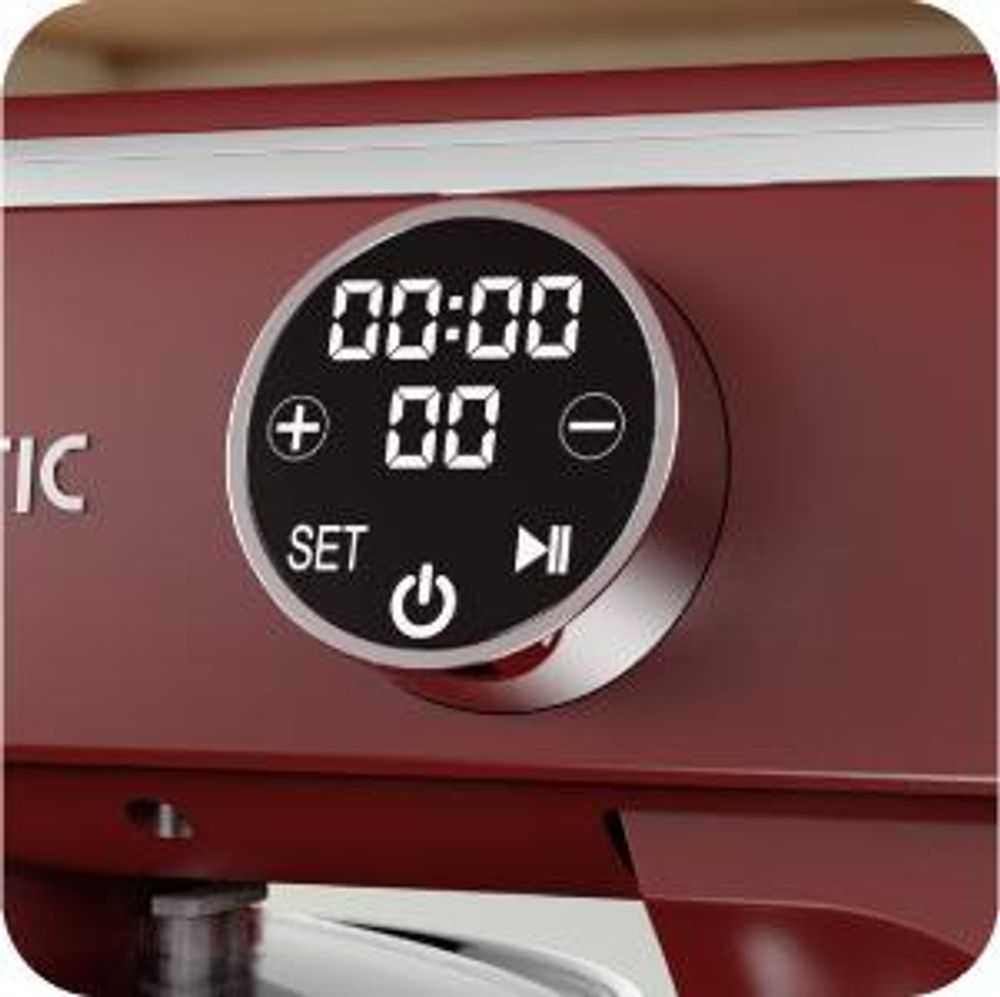 Rood digitaal bedieningspaneel met wit rond display waarop de tijd "00:00" en knoppen met het label SET en N worden weergegeven.