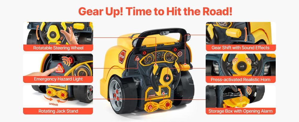 VEVOR Motor Spielzeug, 60 Teile, Kinder Mechaniker Auto Reparatur Set mit abnehmbaren Teilen, Lichtern und Geräuschen, Lenkrad und Hupe, Kinder Mechaniker Werkstatt Set für Kleinkinder ab 3 Jahren, Blau, Gelb