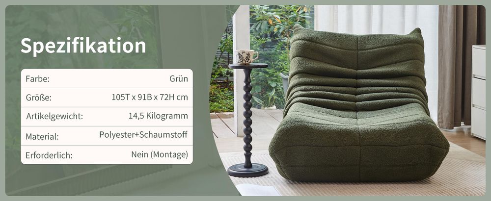 okwish Schlafsofas Relaxsessel mit Rückenlehne, Lazy Sofa, Indoor-Sitzkissen, faltbarer Meditationsstuhl, geeignet für Schlafzimmer, Wohnzimmer, Grün