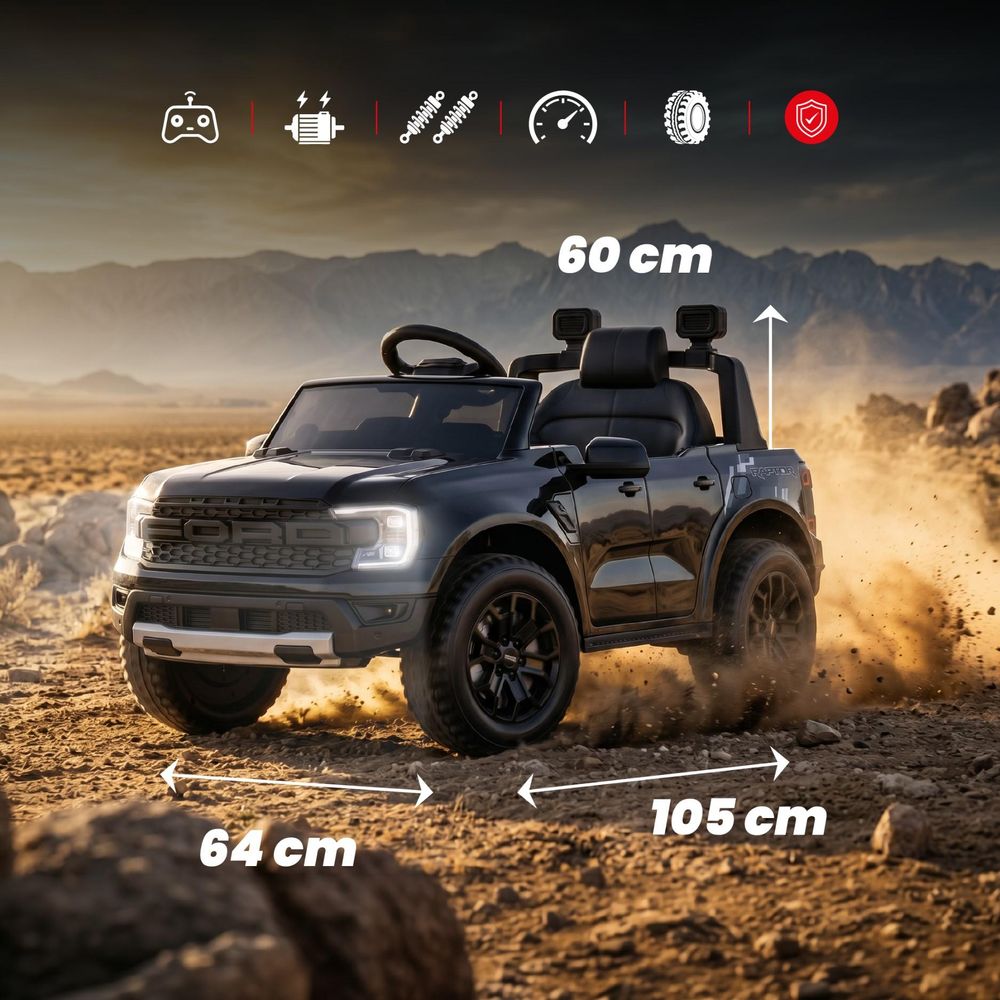 Macchina elettrica Ford Raptor con dimensioni indicate e dettagli tecnici visibili.