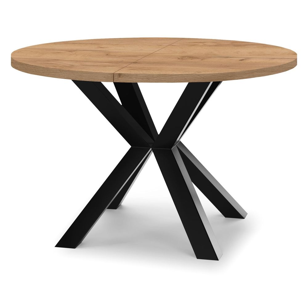 Runder Ausziehbarer Tisch für Esszimmer RAL mit Holzbeinen, Loft-Stil, Industriel, Durchmesser: 100 / 200 cm, Farbe: Weiß