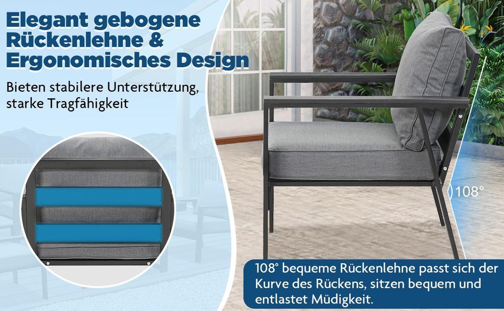 MeXo Gartenmöbelset Aluminium, 4 Personen, Ergonomische Rückenlehne mit Kissen & Couchtisch, Indoor Outdoor Balkon Garten (Sitzgruppe, grau)