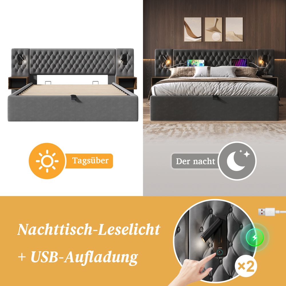 MODFU Boxspringbett Hydraulisches Komplett Set 160 x 200 cm mit 2 Nachttischen und 4 Schubladen, Polsterbett Doppelbett Stauraumbett-Kopfteil Leselicht mit USB Ladefunktion(Ohne Matratze),Grau