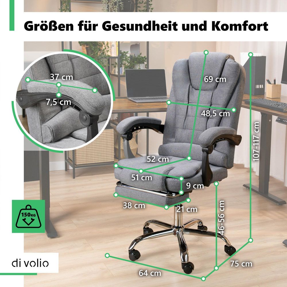 di volio Bürostuhl Baldo Dunkelgrau, ergonomischer Schreibtischstuhl mit Sitzhöhenverstellung und Fußstütze, max. Körpergewicht 150 kg, robust