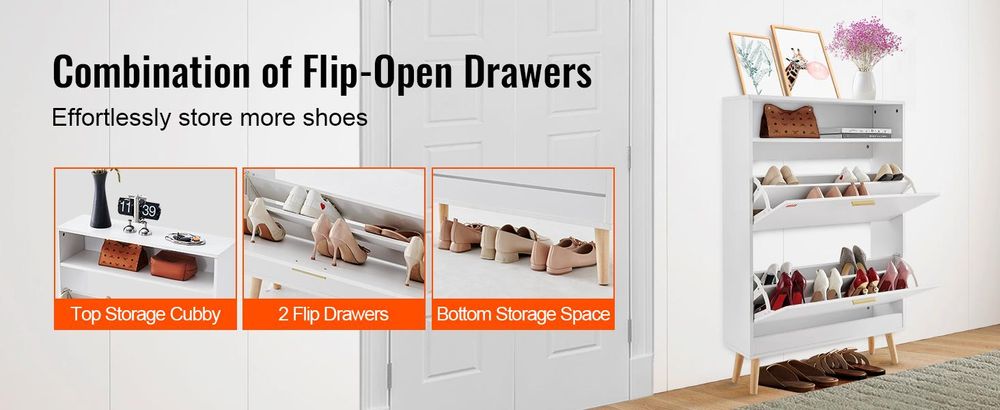 VEVOR Schuhschrank Schmal, Schuhregal Weiß, 800 x 237 x 1205 mm Schuhkipper mit 2 Klappen + oberem Staufach, Schuhkommode 68 kg Tragfähigkeit, Aufbewahrungsschrank Schuh Massivholz für Flur, Outdoor