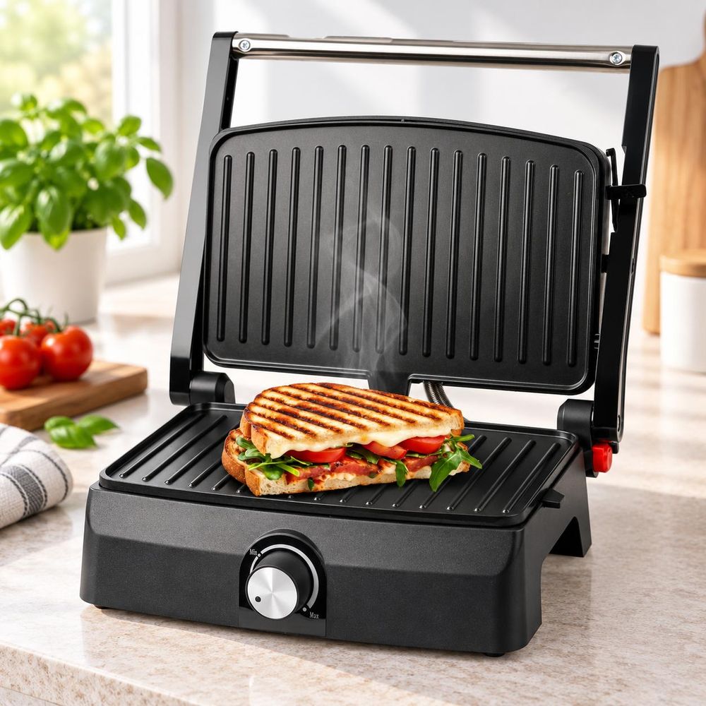Offener Kontaktgrill mit knusprigem Panini, geschmolzenem Käse und Tomaten in einer hellen Küche.