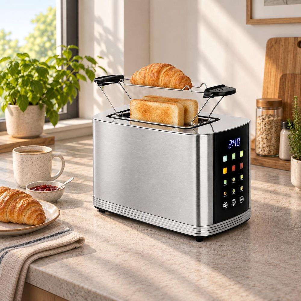 Edelstahl-Toaster mit Toast und Croissant auf einer hellen Küchenarbeitsplatte.