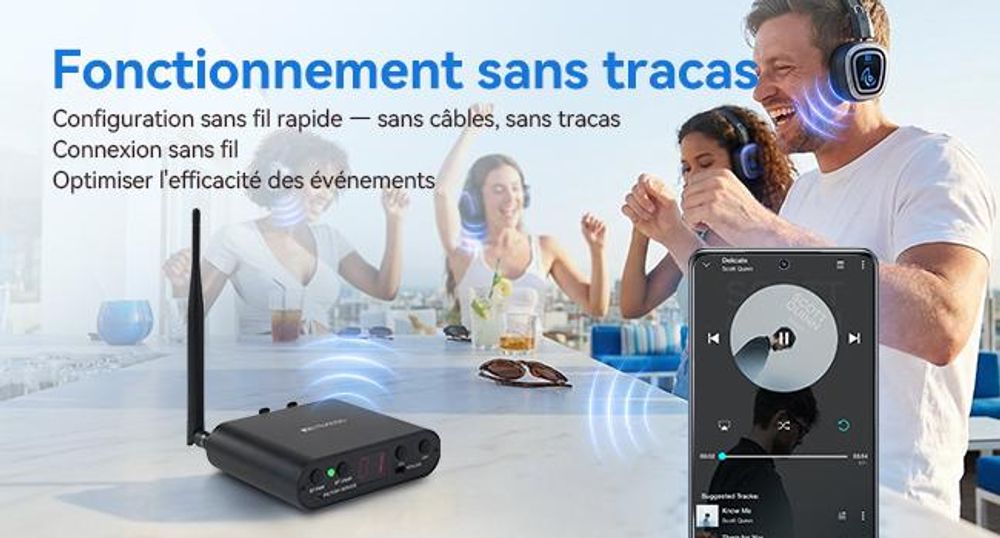 Casque sans fil Retekess TA004S Silent Disco, système audio version améliorée, 6 canaux avec Bluetooth, pliable, pour la télévision, le yoga et la méditation