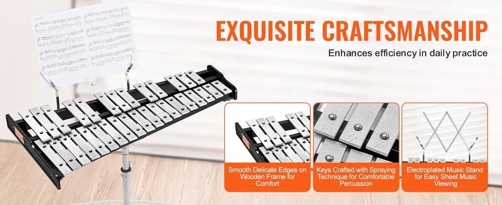 VEVOR Glockenspiel-Xylophon-Set mit 32 Tönen, Schlaginstrumenten-Set mit Schlägeln, Trommelstöcken, Notenständer, verstellbarem Ständer
