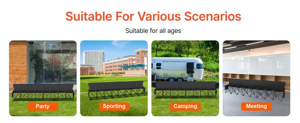 VEVOR Tragbare Klappbank, 8-Sitzer faltbare Seitenbank, Outdoor-Campingbankstuhl mit Tragetasche und Rückenlehne, Mannschaftssport-Seitenbank für Fußballangeln, kein Zusammenbau nötig, sofortige Sitzgelegenheit, schwarz