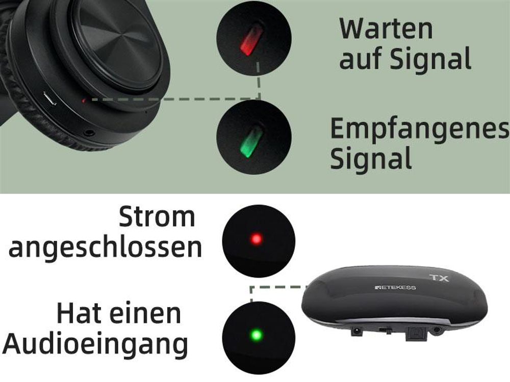 Retekess TA005 Kabellose Funk-Kopfhörer, Eingebauter Wiederaufladbarer Akku, Unterstützt Stereo-, AUX- und RCA-Eingang, Kopfhörer für Senioren, Eltern