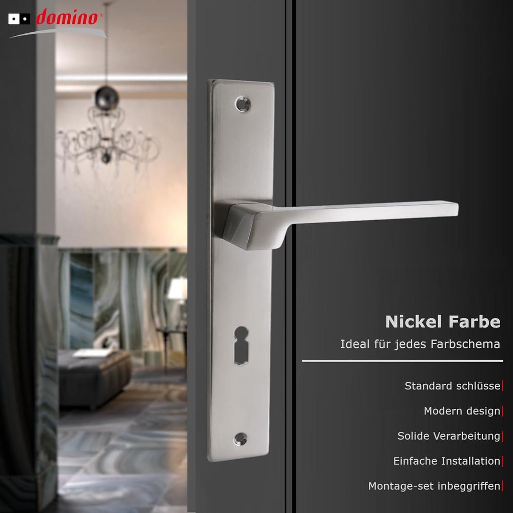 Domino Türgriff 72 BB-Buntbart Drückergarnitur Langschild für Zimmertür, Bürotür, Kellertür, Innentür, L-Form, Aluminium Nickel CANTORO M9
