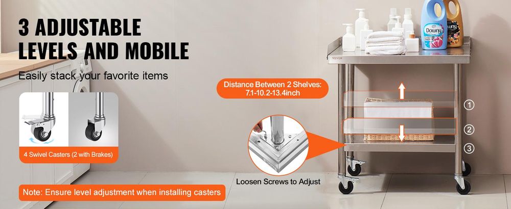VEVOR Edelstahl Vorbereitungs Tisch, 24 x 24 x 34 Zoll, Schwerlast Metall Arbeitstisch mit 3 verstellbaren Höhenstufen, Gewerbliche Arbeitsstation für Küche Garage Restaurant Garten, 610x711x762 mm