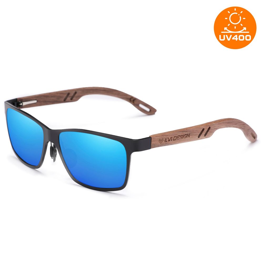 Sonnenbrille Herren Polarisiert UV400, Blaue Gläser Holz Sonnenbrille Nerd-Stil, Walnussholz-Bügel inkl. Etui & XXL-Zubehör, EVI DESIGN Blau