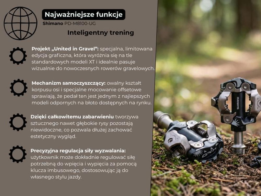 Shimano PD-M8100-UG „United in Gravel” – limitowane pedały SPD, srebrne, GRX, oś Cr-Mo, 342 g, dwustronne
