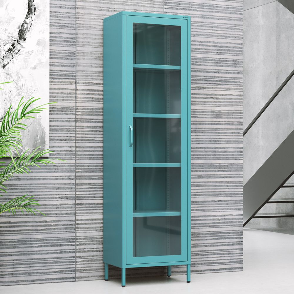 Vitrinenschrank Bücherschrank mit 4 Fachböden Vitrine Glitzernd Metall Flaschengrün
