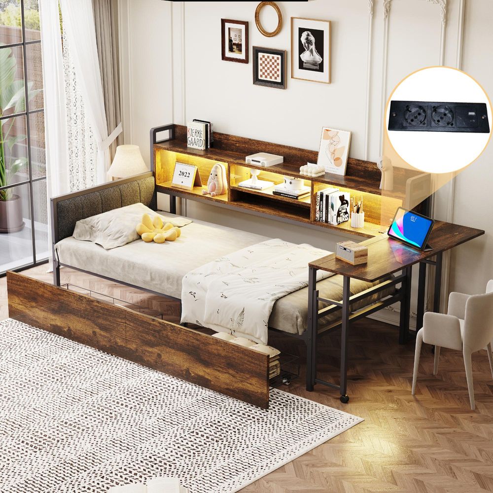 Flieks Schlafsofa Metallbett 90x200cm mit 2 Schubladen, Jugendbett Einzelbett mit Schreibtisch und Ladefunktion, Tagesbett mit Led, Naturbelassen