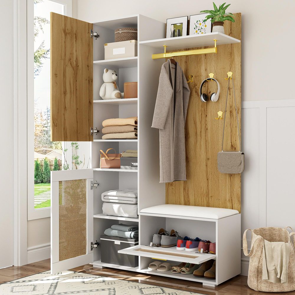 Garderoben-Set mit Spiegel, Schuhschrank und LED-Beleuchtung
