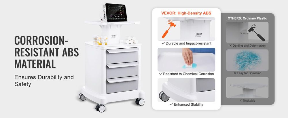 VEVOR 4-stufige Laborwagen, Labor-Nutzwagen mit 3 Schubladen & 1 oberem Tablett, mobiler medizinischer Wagen aus ABS-Material, Labor-Rollwagen mit 4 leisen Rädern für Labor, Klinik, Krankenhaus, Salon, Weiß, 4 Schichten, Weiß